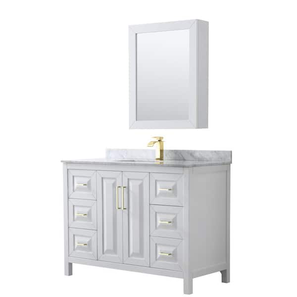 Wyndham Collection Daria 48 in. W x 22 in. D x 35.75 in. H Single Sink Bath Vanity in White with White Carrara Marble Top and MedCab Mirror