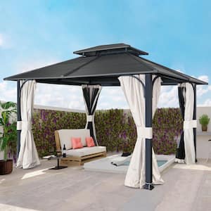14 ft. x 12 ft. Black Outdoor Permanent Double Roof Hardtop Gazebo with Mosquito Mesh Netting and Privacy Curtains