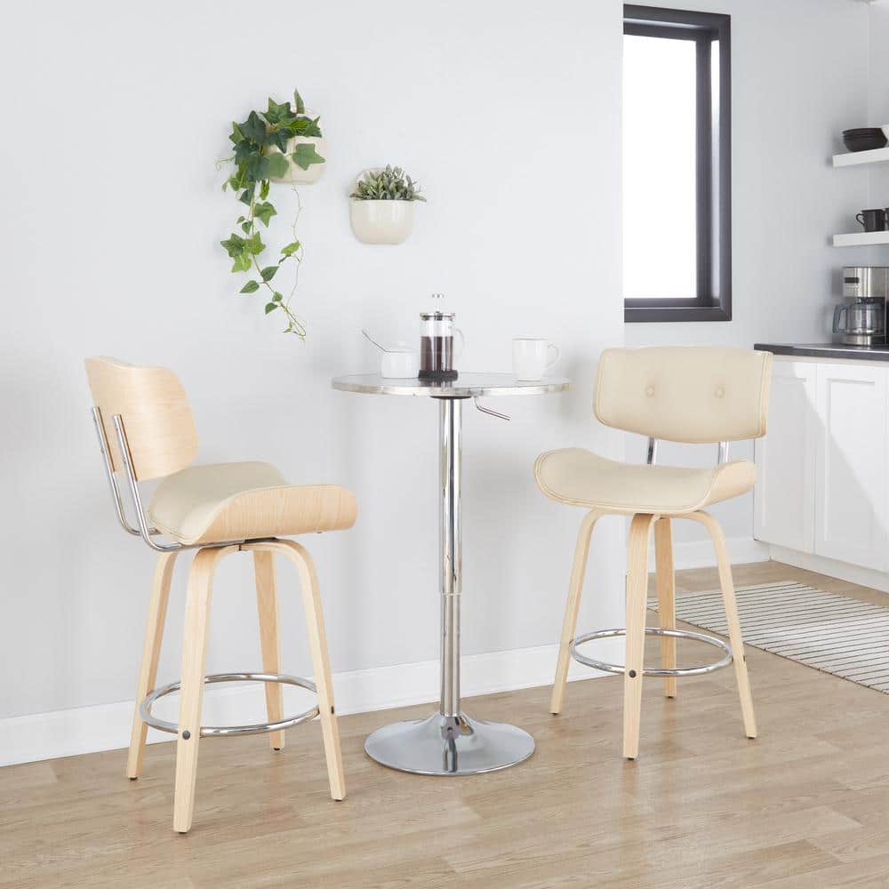 Lumisource Lombardi 26.75 in. Cream Faux Leather, Natural Wood and Chrome Fixed-Height Counter Stool with Round Footrest (Set of 2)