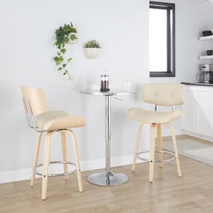 Lombardi 26.75 in. Cream Faux Leather, Natural Wood and Chrome Fixed-Height Counter Stool with Round Footrest (Set of 2)