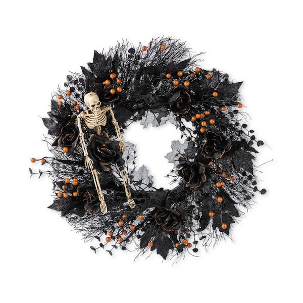 24 in. D Black Rose, Skeleton and Berry Halloween Wreath Includes a Complimentary Black Metal Wreath Hanger