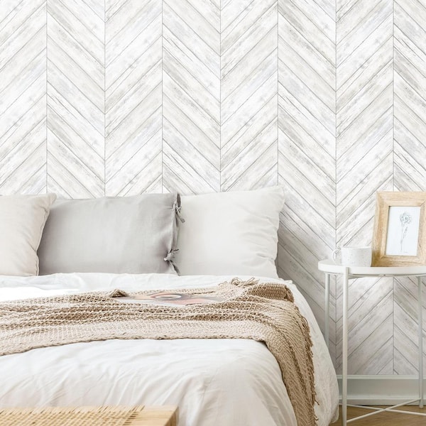 Herringbone White Tan Vinyl Peel & Stick Repositionable Wallpaper Roll (Covers 28.18 Sq. Ft.)