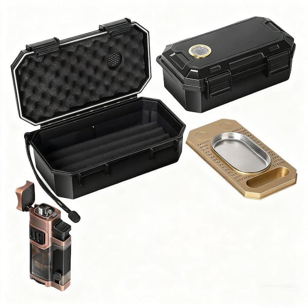8.26 in. W x 3.35 in. H Black Metal Travel Cigar Humidor Set with Torch Lighter, Ashtray, Holder, Humidifier&Hygrometer