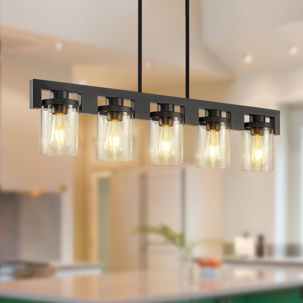 Black and Wood 5-Light Linear Island Chandelier