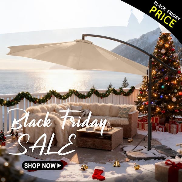 12 ft. Steel Cantilever Offset Patio Umbrella in Beige with Weighted Base