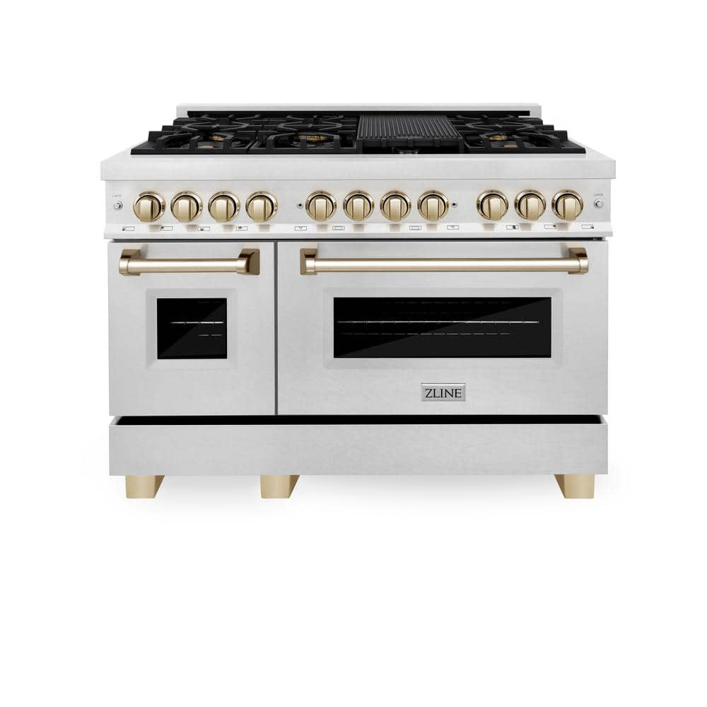 ZLINE Kitchen and Bath Autograph Edition 48 in. 7 Burner Double Oven Dual Fuel Range in Fingerprint Resistant Stainless Steel and Polished Gold