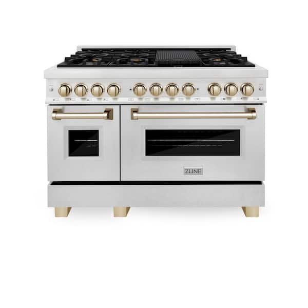 ZLINE Kitchen and Bath Autograph 48 in. Legacy Dual Fuel Range with 7 Burners and 2 Electric Ovens in Satin Stainless Steel and Gold Accents