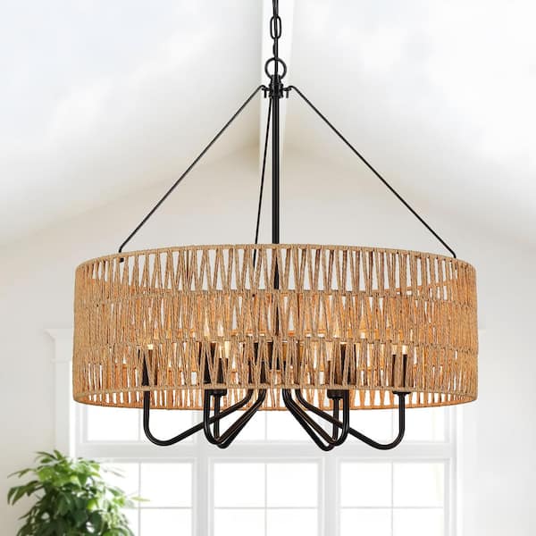 BOHO 24 in. 6-light Black Drum Chandelier with Handwoven Rope Shade for Boho Living Room Dining Room and Kitchen Island