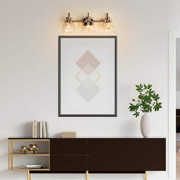 22.8 in. 3-Light Black and Brass Bell Bathroom Vanity Light with Textured Clear Glass Shades