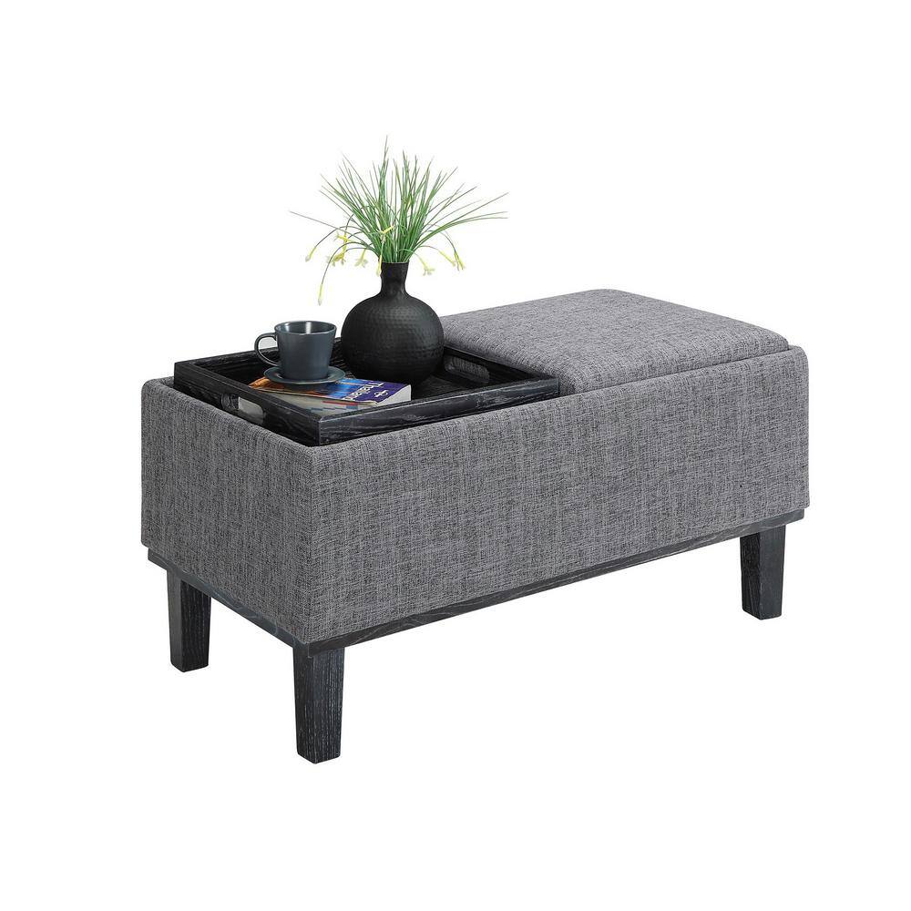 Gray Linen Tufted Storage Ottoman with Reversible Trays