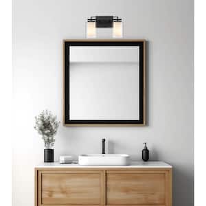Lisbon 14.25 in. 2-Light Black Bathroom Vanity Light Fixture with Clear Glass Outer and Opal Glass Inner Shades