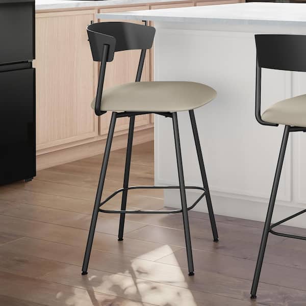 Amisco Ludwig 30 in. Greige Faux Leather / Black Metal Swivel Bar Stool