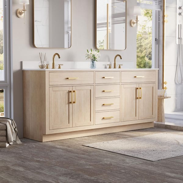 80 in. Double Sink Freestanding Solid Wood Bath Vanity in OAK with White Quartz Top, Soft-Close, Full Assembled