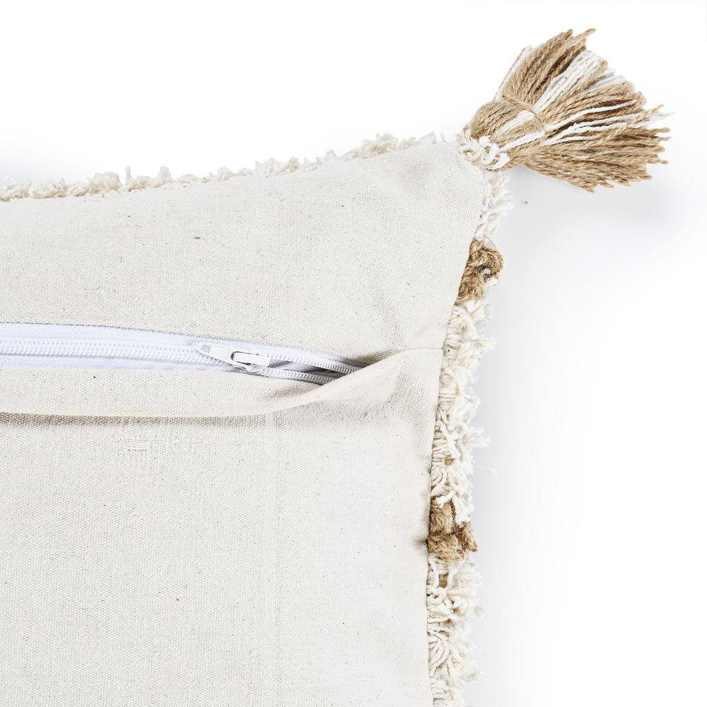 Boho-Chic Square Jute and Cotton Throw Pillow with Tassels