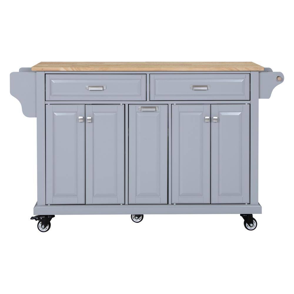 Gray Rubber Wood Kitchen Cart with 4-Door Cabinet, 3-Drawers, Spice ...