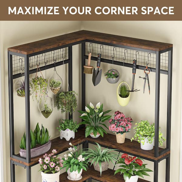 Tribesigns Corner Plant Stand, 67 Flower Shelf with 15 Hanging Hooks