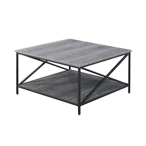 Tucson 32 in. Weathered Gray Melamine/Black Medium Square Wood Coffee Table with Shelf