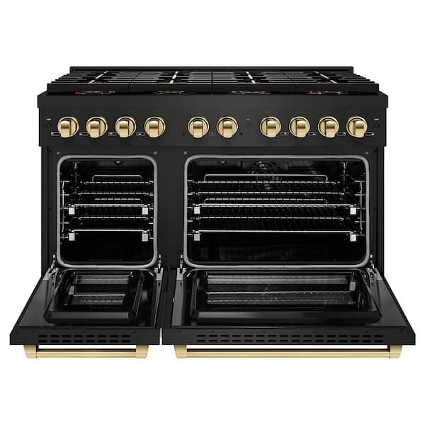 Autograph 48 in. 6.7 cu. ft. Paramount Dual Fuel Range with 8 DuoPro Burners in Black Stainless Steel and Gold Accents
