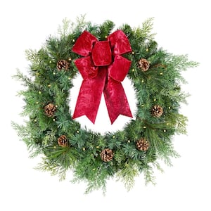 30 in. Battery Operated Pre-Lit Mixed Pine Artificial Christmas Wreath with Berries and Pinecones