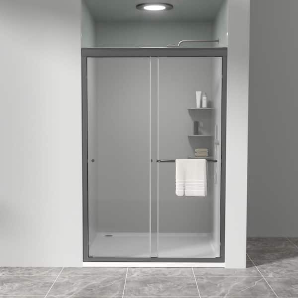 44-48 in. W x 72 in. H Semi-Frameless Double Sliding Shower Door in Black with Clear SGCC Glass, Soft Close, Aluminum