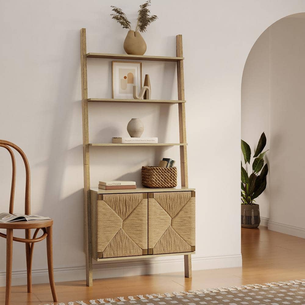 Brown Pine Wood Ladder Bookcase with Woven Rope Doors