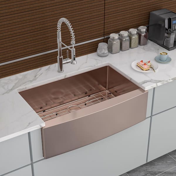 33 in. Farmhouse Single Bowl 16-Gauge Rose Gold Stainless Steel Kitchen Sink with Bottom Grids, Drain Board