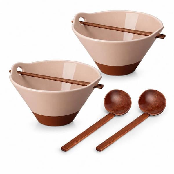 42 fl. oz. Pink Ceramic Soup Bowl Set with Wooden Spoon and Chopsticks for Ramen, Pho, Noodles, Ramen Bowls (Set of 2)