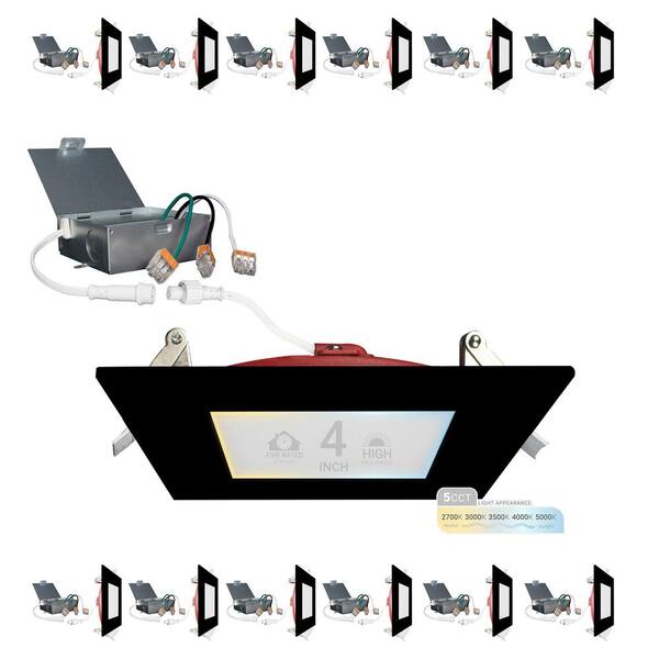 NuWatt 4 in. Black Square 2HR Fire Rated Canless 5CCT Select New Construction 12-Watt Integrated LED Recessed Lighting Kit 12PK