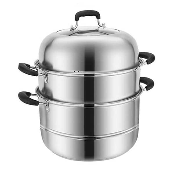 12.6 inch Stainless Steel Stock Pot Silver Finish with Glass Lid Multipurpose 2-tier Steamer for Kitchen Cooking