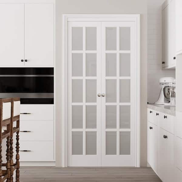 36 in. x 80 in. Frosted Glass Solid Core MDF Bi-fold Door Plus French Style Pivot Hardware (10-Lite White Finish)