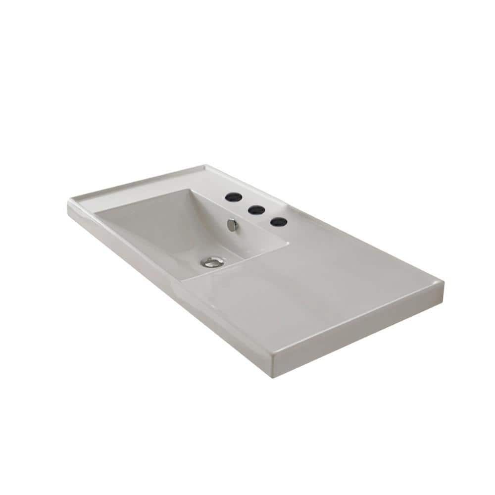 Glossy White Ceramic Wall-Mount Pedestal Sink with Three Holes