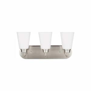 Kerrville 18 in. 3-Light Brushed Nickel Traditional Transitional Bathroom Vanity Light with Satin Glass and LED Bulbs
