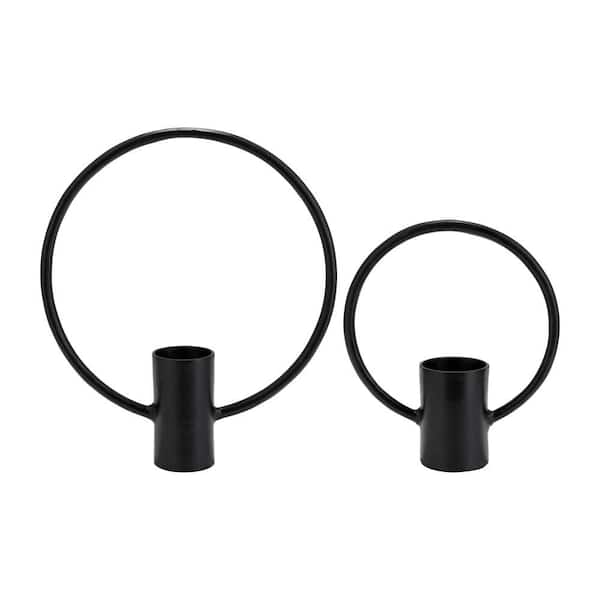 Black 16 in. x 19 in. Metal and Wood Full Circle Pillar Candle Holders