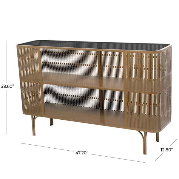 47 in. Gold Large Rectangle Metal Art Deco Inspired 1 Shelf Console Table with Black Glass Top