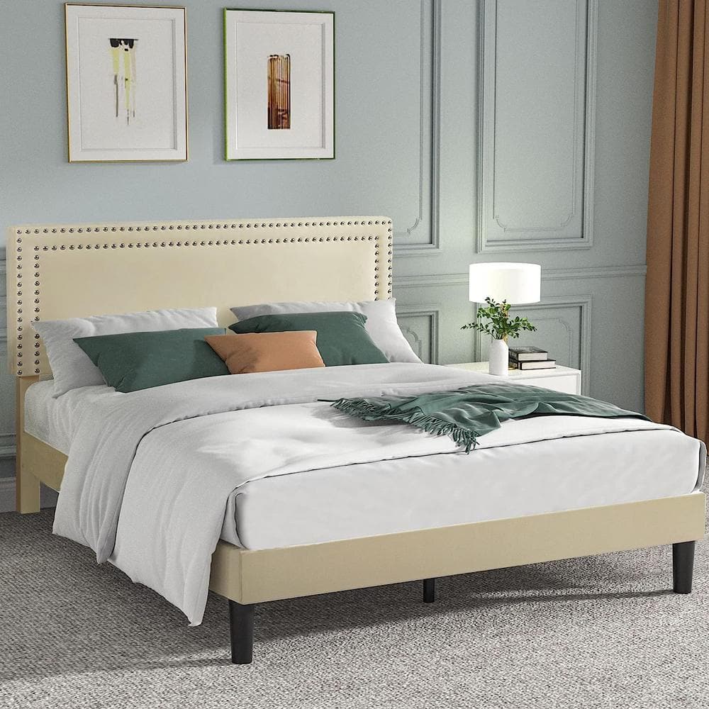 Beige Velvet Upholstered Queen Platform Bed with Tufted Headboard
