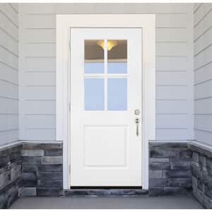 32 in. x 80 in. Legacy 4 Lite Half Lite Clear Glass Right Hand Outswing White Primed Fiberglass Prehung Front Door