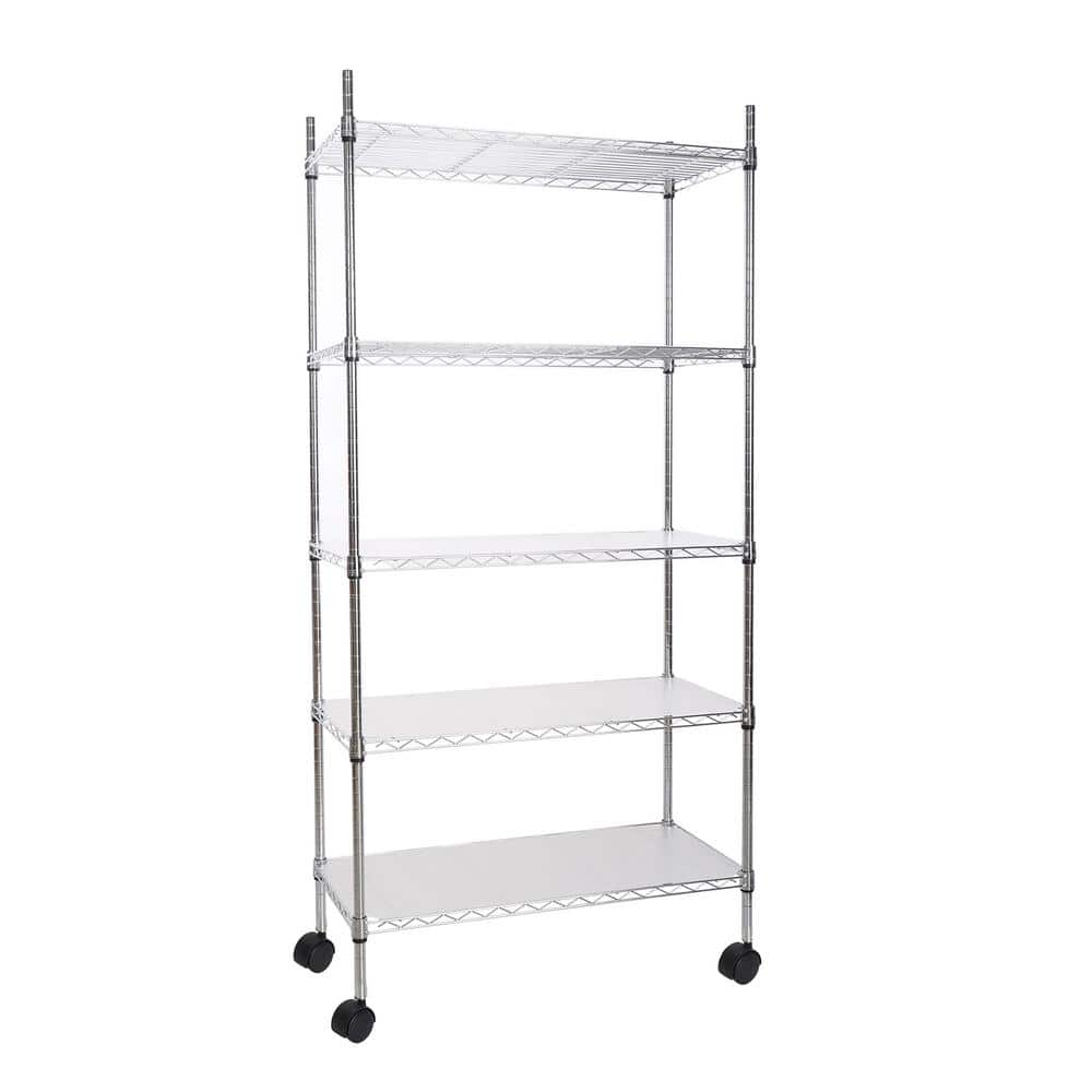 Tileon 5-Shelf Chrome Wire Shelving Unit with Wheels and