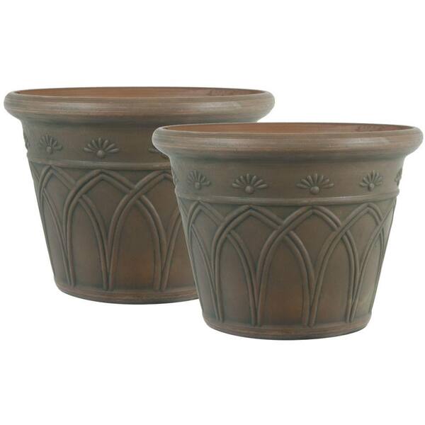 Pride Garden Products 12 in. Round Brown Arch Plastic Planter (2-Pack)