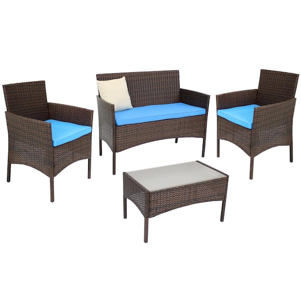 Sunnydaze Dunmore Brown 4-Piece Rattan/Wicker Outdoor Patio Set with Mixed and Blue Cushions