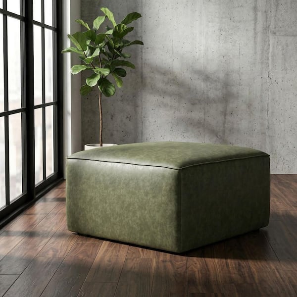 29.75 in. Green Faux Leather Square Accent Medium Ottoman for Living Room, Bedroom