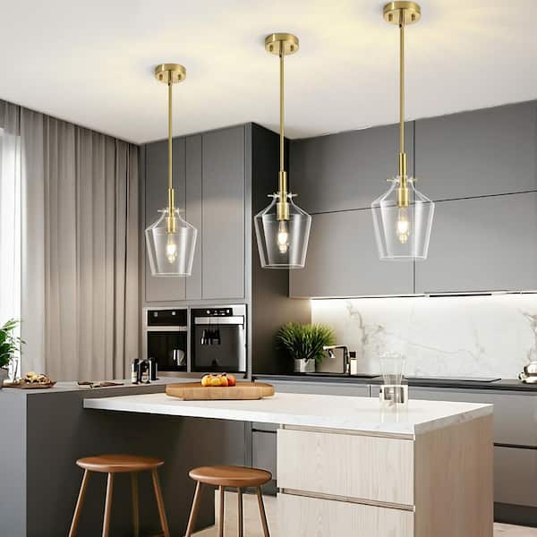 RayHome 60-Watt 1-Light Modern Gold Adjustable Height Pendant Light with Clear 7.88 in. Glass for Kitchen Island Bedroom