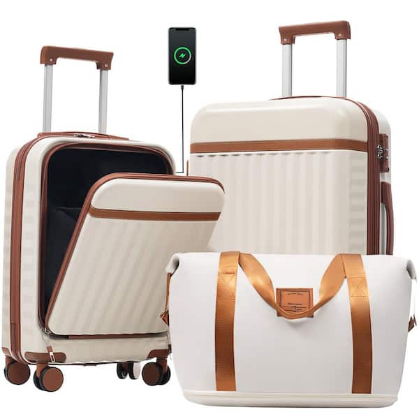 Front Opening 3-Piece Brown ABS Plastic Expandable Spinner with USB Port & TSA Lock Luggage Set