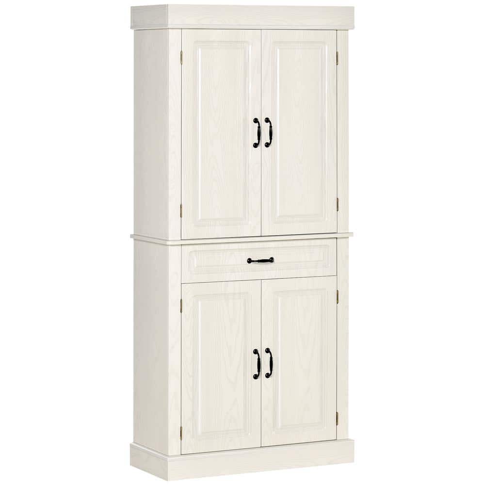 71 in. Wood Pantry Organizer with 4 Doors, Wide Drawer and 2 Large Cabinets in White