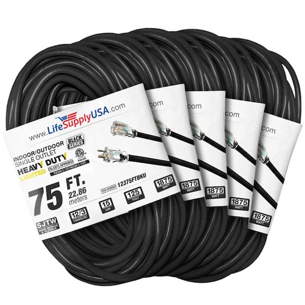 LifeSupplyUSA 75 ft. 12-Gauge/3-Conductors SJTW Indoor/Outdoor Extension Cord with Lighted End Black (5-Pack)