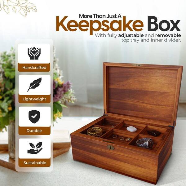Acacia Wood Box with Hinged Lid and Locking Key, Decorative Wooden