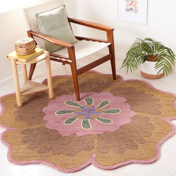 Novelty 6 ft. x 6 ft. Gold/Pink Floral Round Area Rug