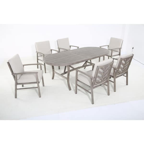 Amario 7-Piece Aluminum Outdoor Dining Set with Cast Silver Cushion, 6 Dining Armchairs and Oval Dining Table