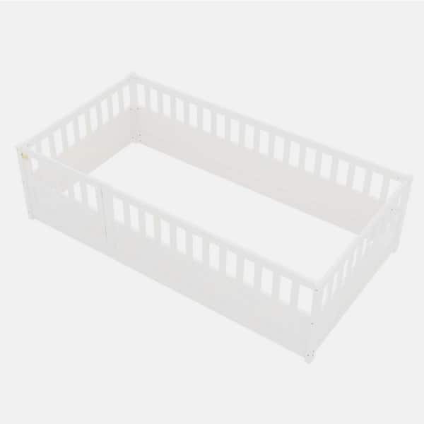 wetiny White Wood Frame Twin Size Platform Bed with Super High Security Barrier, Door