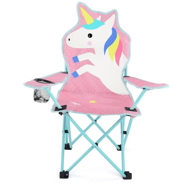 Light Pink Unicorn Outdoor Folding Children's Lawn and Camping Chair with Cup Holder and Carrying Bag