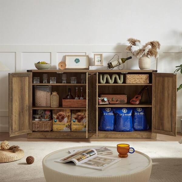 FUNKOL 64.96 in. x 15.75 in. x 34.05 in. Oak Color Wooden Faux Rattan Wine Cooler w/4 Magnetic Bin-Doors and Adjustable Shelves